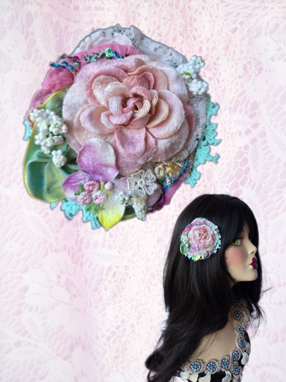 Handmade Blush Pink Velvet Rose and Lace Posey Hair Clip • Cottage Balletcore
